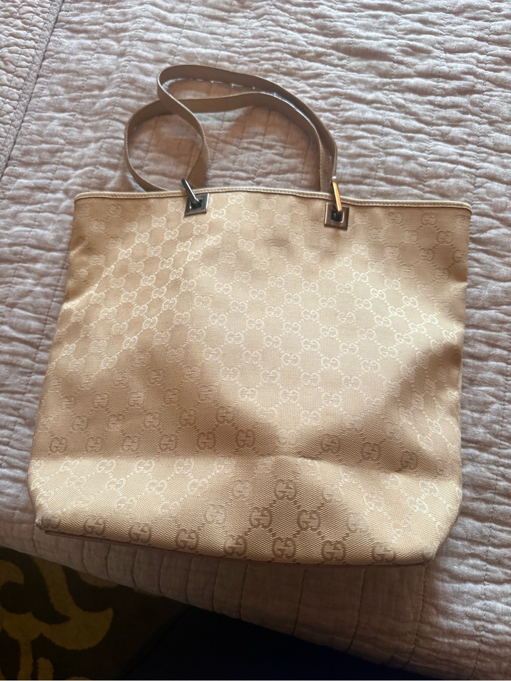 Gucci GG Canvas Tote Beige Leather Trim Shoulder Bag - Authentic - Made in Italy